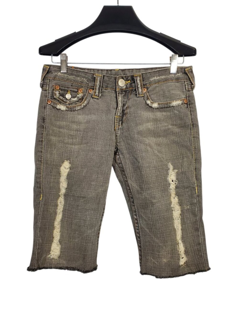 Vintage Y2K True Religion Joey Bermuda Jeans Shorts Sz 28 Grey Denim Distressed